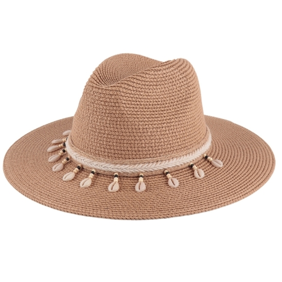 Western style Tan Floppy Hat Faux Cowrie Shell Dangling Beads Twine Boho - Picture 1 of 14